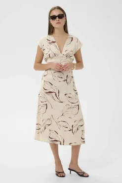 SLClero Midi Printed Dress Oatmeal Leave Print 304871 30409240